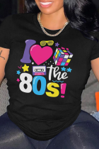 Black Casual Street Graffiti Print O Neck T-Shirts