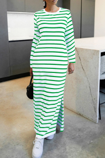 Green Casual Stripe Patchwork Slit O Neck Straight Dresses