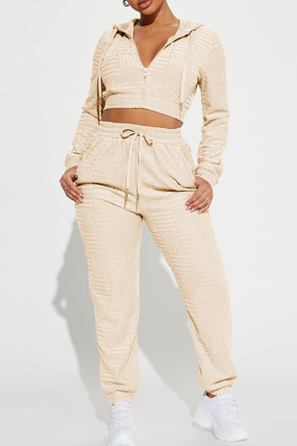 Apricot Casual Solid Color Draw String Pocket Patchwork Zipper Hooded Long Sleeve Two Pieces