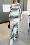Black And White Casual Stripe Patchwork Slit O Neck Straight Dresses
