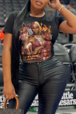 Black Casual Street Figure Print O Neck T-Shirts