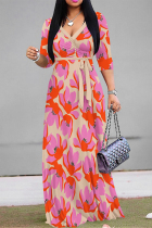 Apricot Elegant Flowers Print Lace Up V Neck Printed Dresses