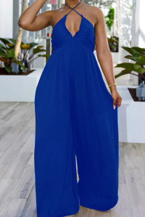 Blue Sexy Casual Solid Color Lace Up Backless Halter Bodycon Jumpsuits