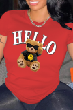 Red Casual Street Cartoon Print Letter Print O Neck T-Shirts