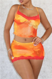 Orange Sexy Hot Print Patchwork Backless Spaghetti Strap Sleeveless Two Pieces