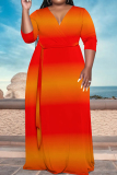 Tangerine Red Elegant Gradient Print Patchwork Strap Design V Neck Straight Plus Size Dresses