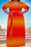 Tangerine Red Elegant Gradient Print Patchwork Strap Design V Neck Straight Plus Size Dresses