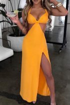 Yellow Elegant Solid Color Patchwork Halter Long Dresses