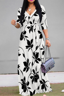 White Black Elegant Flowers Print Lace Up V Neck Printed Dresses
