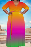 Tangerine Red Elegant Gradient Print Patchwork Strap Design V Neck Straight Plus Size Dresses