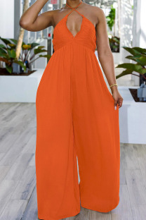 Orange Sexy Casual Solid Color Lace Up Backless Halter Bodycon Jumpsuits
