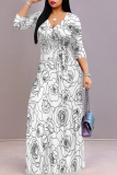 White Black Elegant Flowers Print Lace Up V Neck Printed Dresses