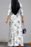 White Black Elegant Flowers Print Lace Up V Neck Printed Dresses