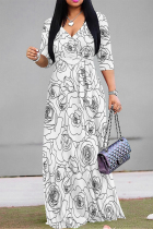 White Elegant Flowers Print Lace Up V Neck Printed Dresses