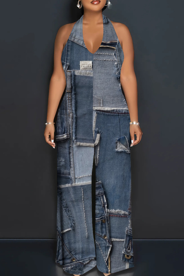 Dark Gray Sexy Print Patchwork Backless Halter Loose Jumpsuits