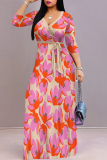 White Black Elegant Flowers Print Lace Up V Neck Printed Dresses
