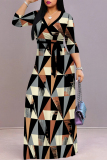 White Black Elegant Flowers Print Lace Up V Neck Printed Dresses