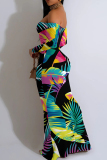 Black Green Elegant Print Patchwork Backless Off Shoulder Long Dresses