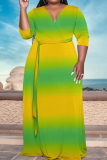 Tangerine Red Elegant Gradient Print Patchwork Strap Design V Neck Straight Plus Size Dresses