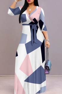 Powder Blue Elegant Print Patchwork Strap Design V Neck Long Dresses