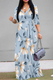 White Black Elegant Flowers Print Lace Up V Neck Printed Dresses