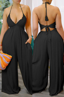 Black Sexy Casual Solid Color Lace Up Backless Halter Bodycon Jumpsuits