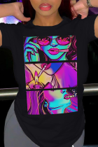 Black Casual Street Cartoon Print O Neck T-Shirts