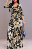 White Black Elegant Flowers Print Lace Up V Neck Printed Dresses