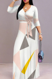 Black Green Elegant Print Patchwork Strap Design V Neck Long Dresses