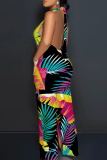 Multicolor Elegant Print Patchwork Backless Halter Loose Jumpsuits