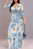 White Black Elegant Flowers Print Lace Up V Neck Printed Dresses