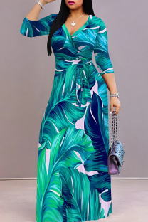 Cyan Elegant Print Patchwork Strap Design V Neck Long Dresses