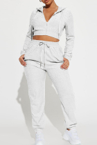 White Casual Solid Color Draw String Pocket Patchwork Zipper Hooded Long Sleeve Two Pieces