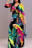 Black Green Elegant Print Patchwork Strap Design V Neck Long Dresses