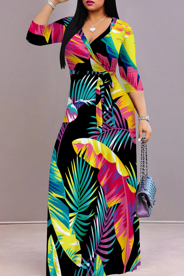 Black Green Elegant Print Patchwork Strap Design V Neck Long Dresses