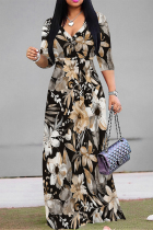 White Apricot Elegant Flowers Print Lace Up V Neck Printed Dresses