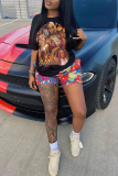 Black Casual Street Figure Print O Neck T-Shirts