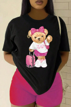 Black Casual Street Cartoon Print O Neck T-Shirts
