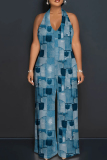 Blue Casual Print Backless Belted Halter Fitted Jumpsuits