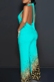 Blue Casual Print Backless Belted Halter Fitted Jumpsuits