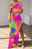 Green Casual Print Slit Off Shoulder Long Dresses