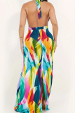 Colour Street Print Patchwork Backless Strap Design O Neck Long Dresses