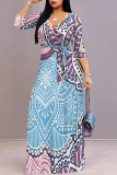 Baby Blue Elegant Geometric Print Lace Up V Neck Printed Dresses