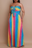 Colour Sexy Casual Irregular Printed Backless Belted Strapless Long Dresses