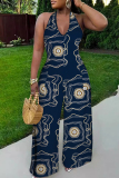 Blue Casual Print Backless Belted Halter Fitted Jumpsuits