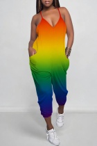 Orange Green Casual Gradient Print Backless Spaghetti Strap Regular Jumpsuits