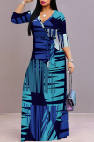 Baby Blue Elegant Geometric Print Lace Up V Neck Printed Dresses