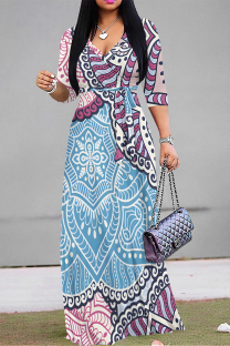 Baby Blue Elegant Geometric Print Lace Up V Neck Printed Dresses