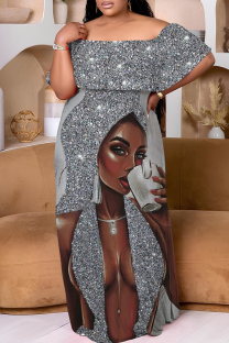 Silver Casual Print Patchwork Off Shoulder Long Plus Size Dresses