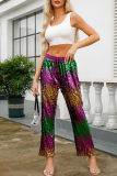 Multicolor Sexy Sequins Lace Up Patchwork Contrast Loose Mid Waist Wide Leg Patchwork Bottoms